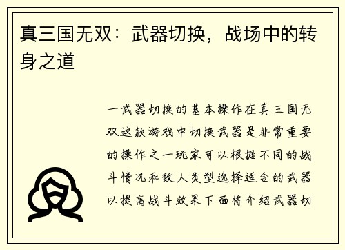 真三国无双：武器切换，战场中的转身之道